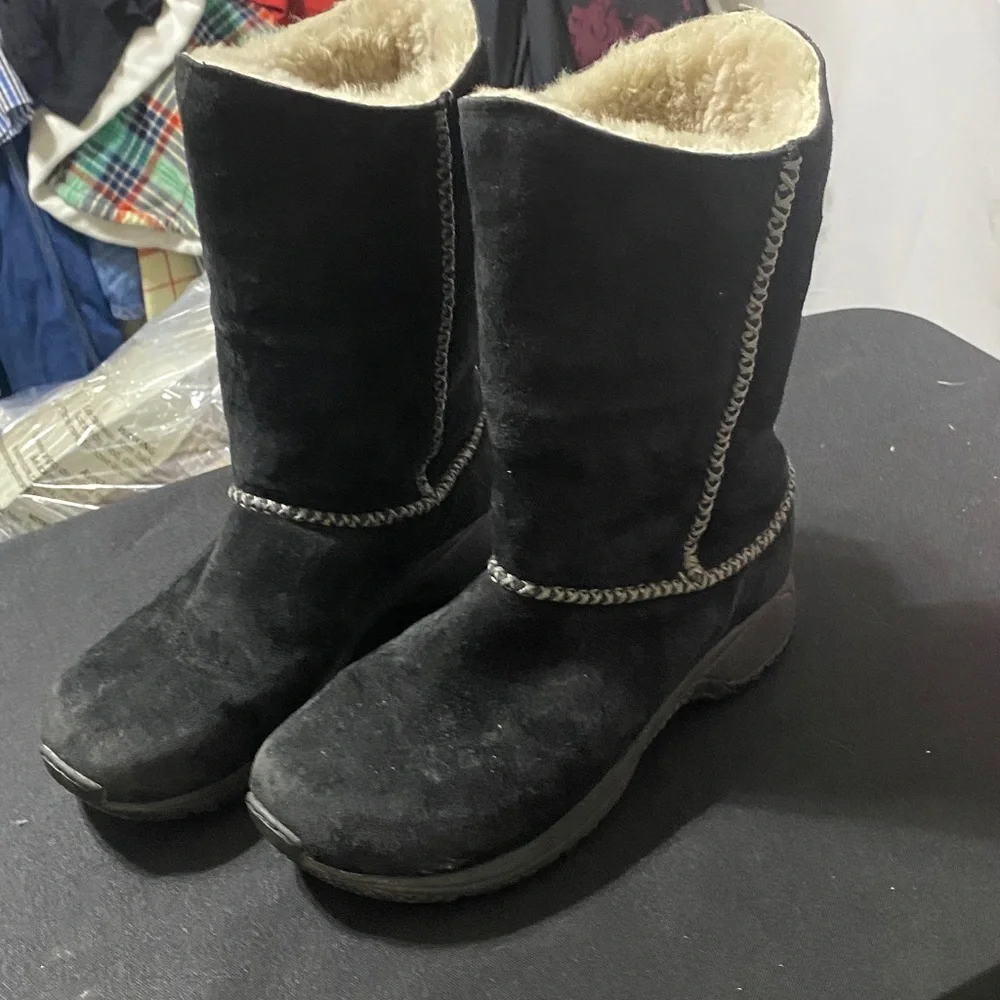 MERRELL ENCORE STITCH HIGH BLACK BOOT WO SIZE 7 SUEDE FAUX FUR LINED EUC‎ CLEAN